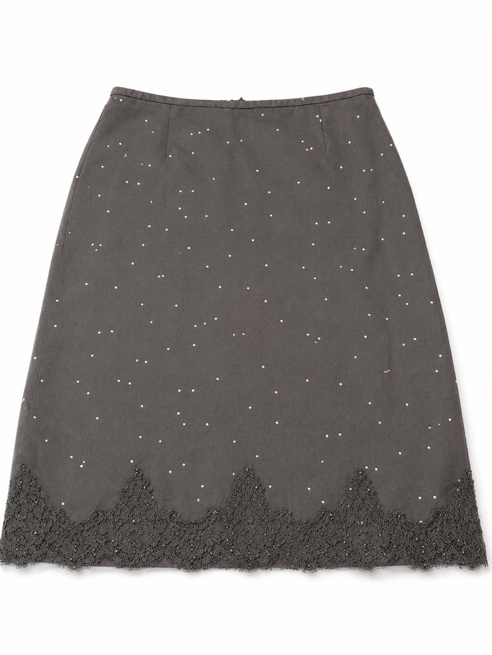Albert Nipon Black Silk Wool Polka Dot Beaded Lace Trim Midi Skirt Size 12